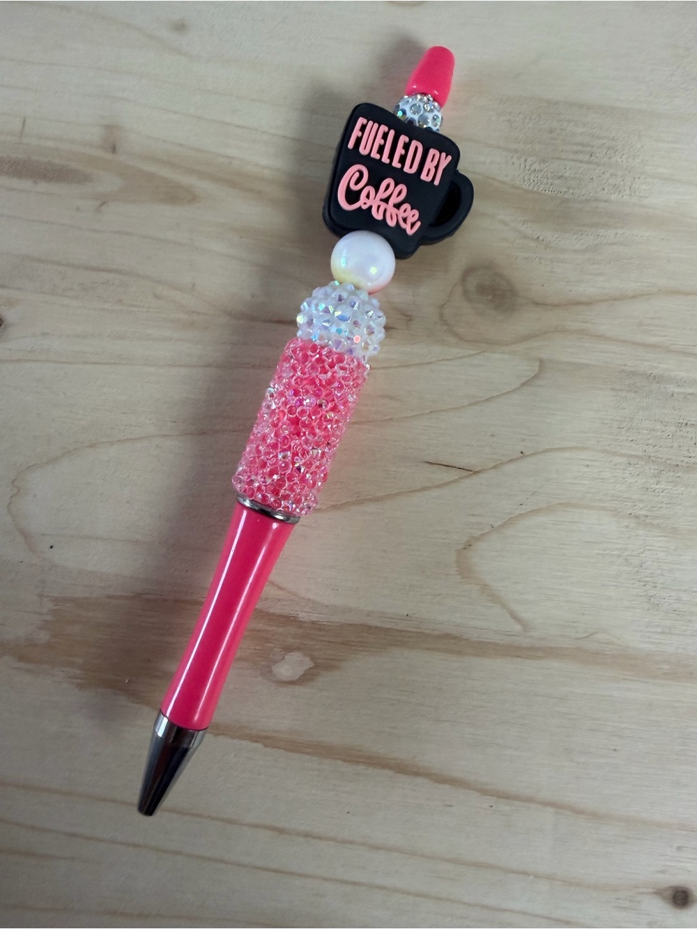 Fueled By Coffee Pink Decorative Pen - Glitter Beaded Ballpoint